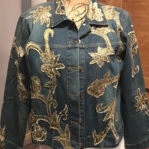 Chico's Jean Jacket with Embroidered Gold Flowers and Beading Size 1/Medium/8